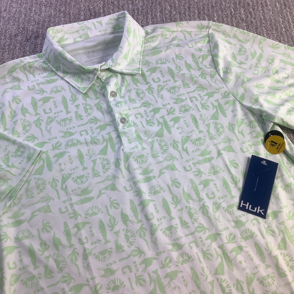 Huk Batiki Pursuit Polo Mens Green White Fishing Shirt UPF 50 Size M NWT